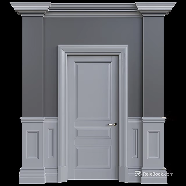 White Swing Door With Frame And Gray Wall Decorative Trim Design 3d model 