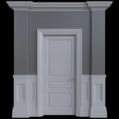 White Swing Door With Frame And Gray Wall Decorative Trim Design 3d model