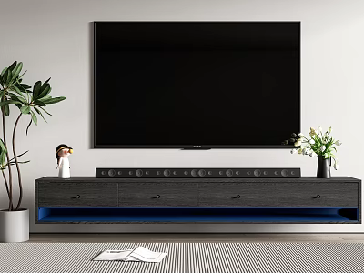 Modern TV Stand With Blue LED Lights Green Plants And Sleek Decorative Design 3d model