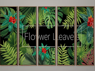 Tropical Plant Paintings With Green Leaves Red Flowers Five Panel Wall Art 3d model