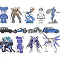 Diverse Toy Figures Collection Featuring Bears Robots Cars Motorcycles and Superhero Models