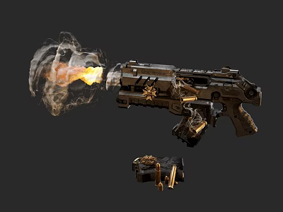 Futuristic Mechanical Gun Weapon With Flame Shooting And Smoke Effects 3d model