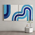 Two Panel Abstract Canvas With Blue White Wavy Lines Beige Background Interior Decor 3d model