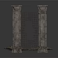 Ancient Stone Pillars With Iron Gate Featuring Central Hole And Rubble Base 3d model