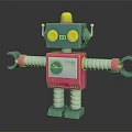 Toy Robot With Green Head Pink Body Yellow Antenna And Spring Legs Mechanical Arms Claws