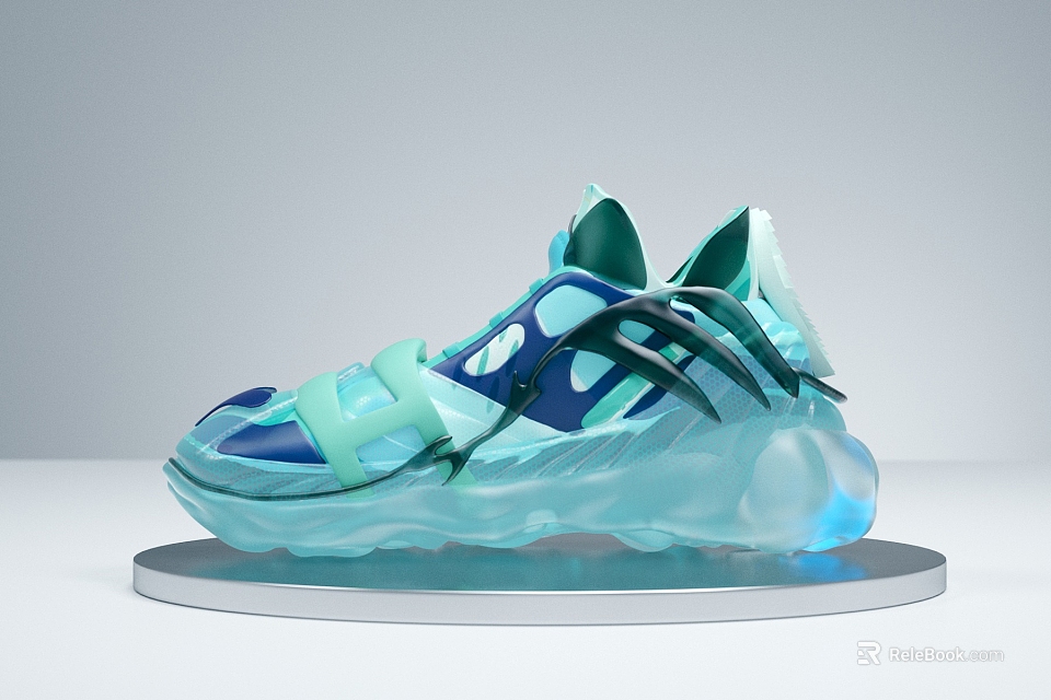 Futuristic Sports Shoes With Teal Blue Color Transparent Sole And Modern Design 3d model 