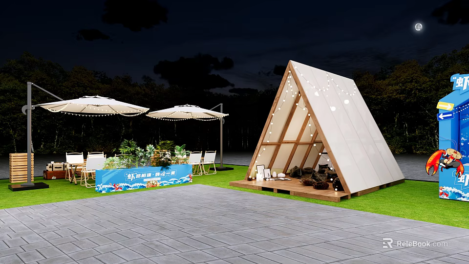Scenic Outdoor Event Space With Triangular Tent Wooden Deck Tables Chairs Umbrellas And Grassy Area 3d model 