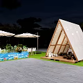 Scenic Outdoor Event Space With Triangular Tent Wooden Deck Tables Chairs Umbrellas And Grassy Area