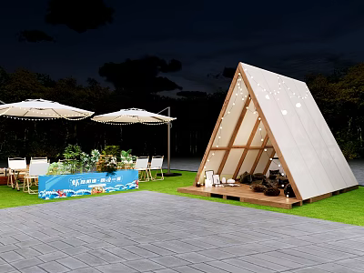Scenic Outdoor Event Space With Triangular Tent Wooden Deck Tables Chairs Umbrellas And Grassy Area 3d model