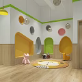 Kindergarten Interior With Wooden Cabinets Circular Reception Desk Pendant Lights And Colorful Stools