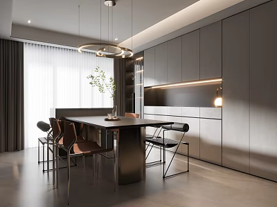 Elegant Modern Restaurant Interior With Dining Table Chairs Cabinets Pendant Lights And Green Plant 3d model