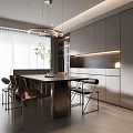Elegant Modern Restaurant Interior With Dining Table Chairs Cabinets Pendant Lights And Green Plant