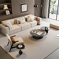 Modern Beige Sofa Coffee Table Set with Rug Floor-to-Ceiling Window Green Plant