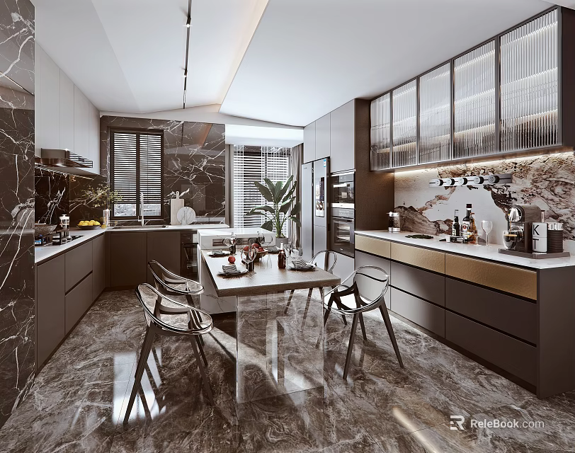 Elegant Modern Kitchen Interior With Marble Island Cabinets Dining Table And Chairs 3d model