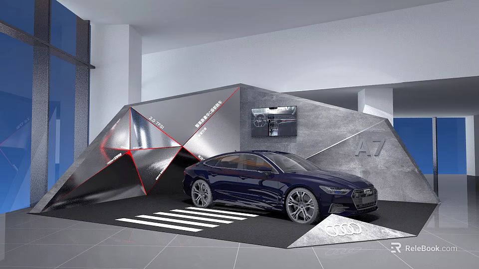 Live Stream Audi A7 Car Display With Geometric Stand And Brand Logo 3d model 