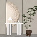 Modern Console Table With White Lamp Golden Decor Books And Circular Textured Wall Decor