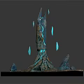 Cartoon Scene Featuring Turquoise Crystal Spire Root Like Base Blue Water And Floating Glowing Particles