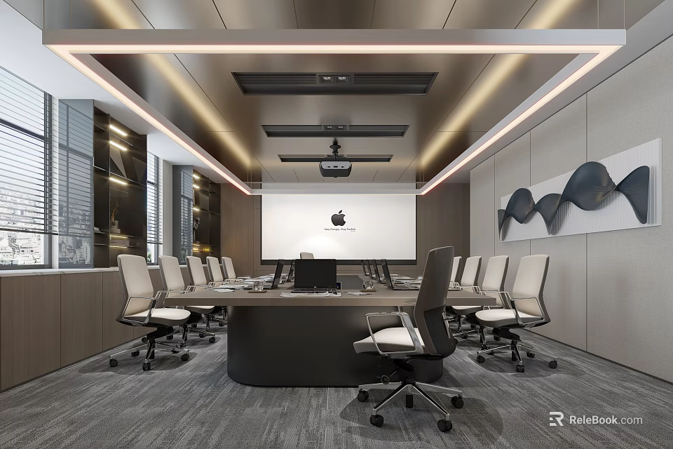 Modern Conference Room Interior With Long Table Projector And Comfortable Chairs 3d model