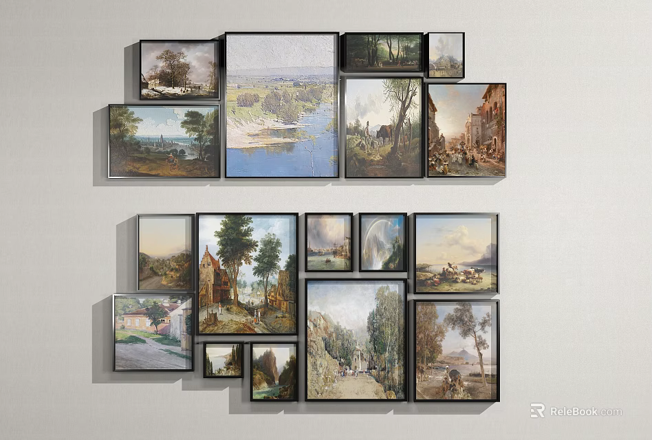Multiple Framed Landscape Paintings With Various Scenes On Gallery Wall 3d model 
