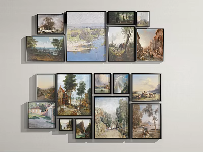 Multiple Framed Landscape Paintings With Various Scenes On Gallery Wall 3d model