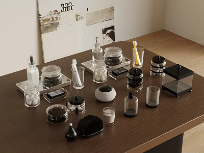 Modern Stylish Bathroom Accessories With Glass Jars Black Soap Dish And Tumbler 3d model