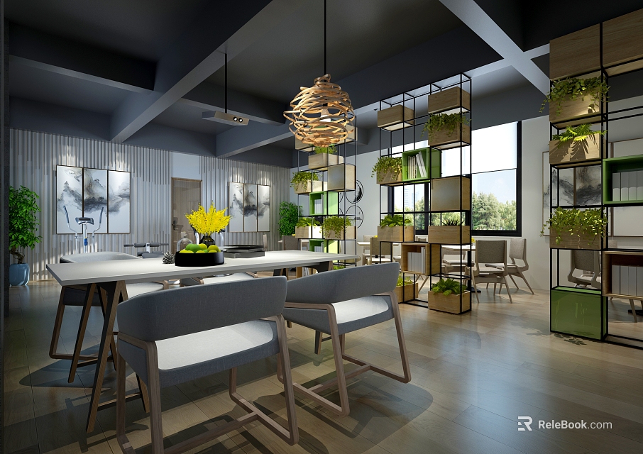 Modern Lounge Room With Wooden Furniture Green Plants Hanging Lamp And Large Windows 3d model 