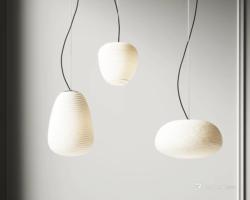 Modern Three White Paper Pendant Lights With Various Shapes Hanging In Simple Room 3d model 