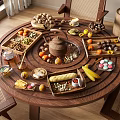 Traditional Chinese Tea Set on Round Wooden Table with Assorted Desserts Fresh Fruits and Nuts
