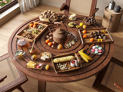 Traditional Chinese Tea Set on Round Wooden Table with Assorted Desserts Fresh Fruits and Nuts 3d model
