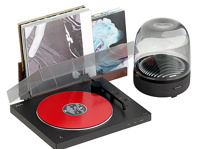 Black Turntable With Red Vinyl Record Clear Cover And Transparent Dome Speaker 3d model