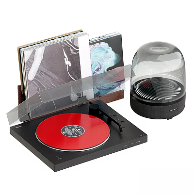 Black Turntable With Red Vinyl Record Clear Cover And Transparent Dome Speaker 3d model