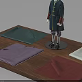 Traditional Dark Blue Coat On Mannequin With Green Purple Red Beige Fabrics On Wooden Platform