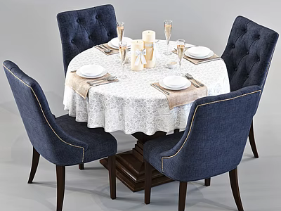 Elegant Round Dining Table Set With White Lace Tablecloth Navy Blue Tufted Chairs And Tableware 3d model