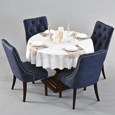 Elegant Round Dining Table Set With White Lace Tablecloth Navy Blue Tufted Chairs And Tableware 3d model