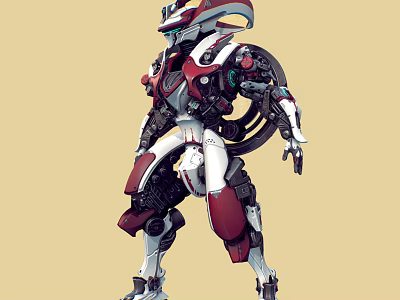 Futuristic Smart Machine Featuring Red White Black Armor And Mechanical Structure Design 3d model