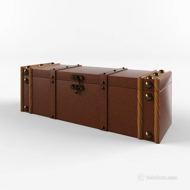 Vintage Brown Wooden Trunk With Metal Clasps And Decorative Wooden Strips 3d model 