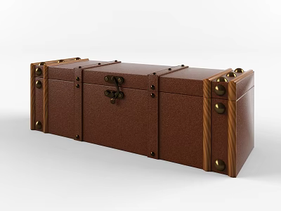 Vintage Brown Wooden Trunk With Metal Clasps And Decorative Wooden Strips 3d model