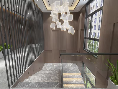 Modern Lobby Interior Design With Chandelier Marble Floor Staircase And Large Windows 3d model