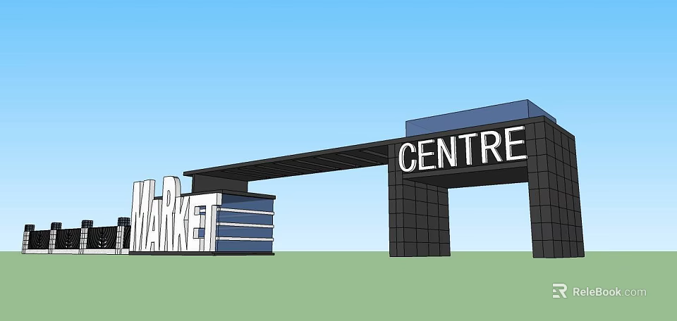 Modern Market Centre Entrance Gate With Black Pillars And Large Signage 3d model 