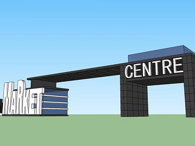 Modern Market Centre Entrance Gate With Black Pillars And Large Signage 3d model