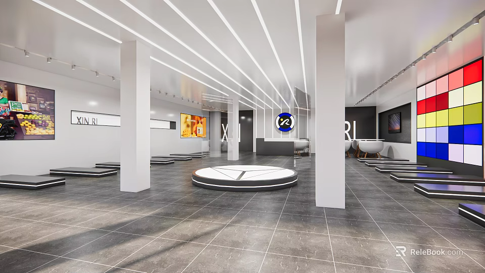 Modern Retail Store Interior With White Columns Round Display And Ceiling Lights 3d model