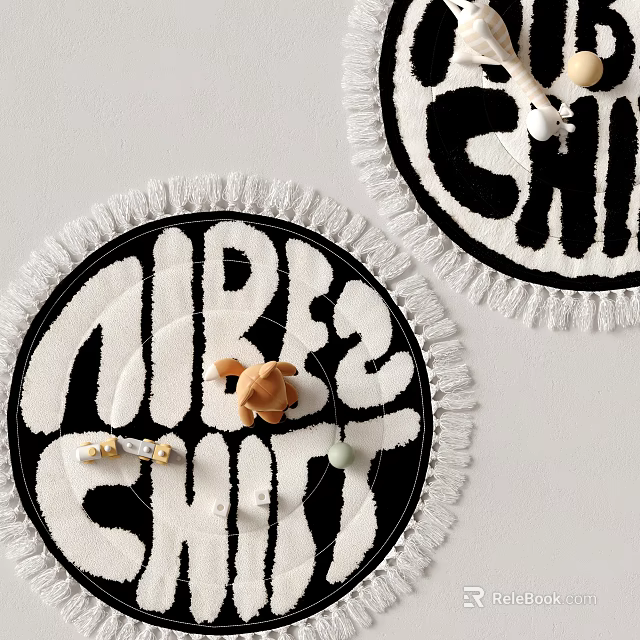 Round Black And White Rug With GIRLS CHIT Lettering Small Teddy Bear Beads Fringed Edges 3d model 
