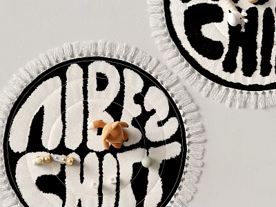 Round Black And White Rug With GIRLS CHIT Lettering Small Teddy Bear Beads Fringed Edges 3d model