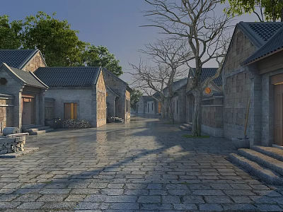 Old Style Commercial Street Featuring Traditional Brick and Tile Buildings Flagstone Pathway and Trees 3d model