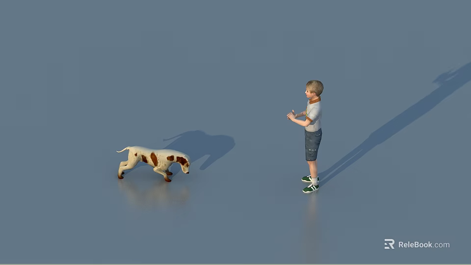 Game Character Boy Standing Holding Object Interacting With Spotted Dog on Blue Surface 3d model