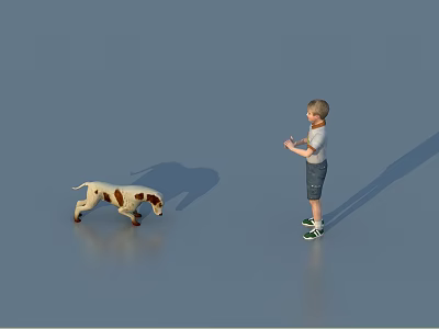 Game Character Boy Standing Holding Object Interacting With Spotted Dog on Blue Surface 3d model