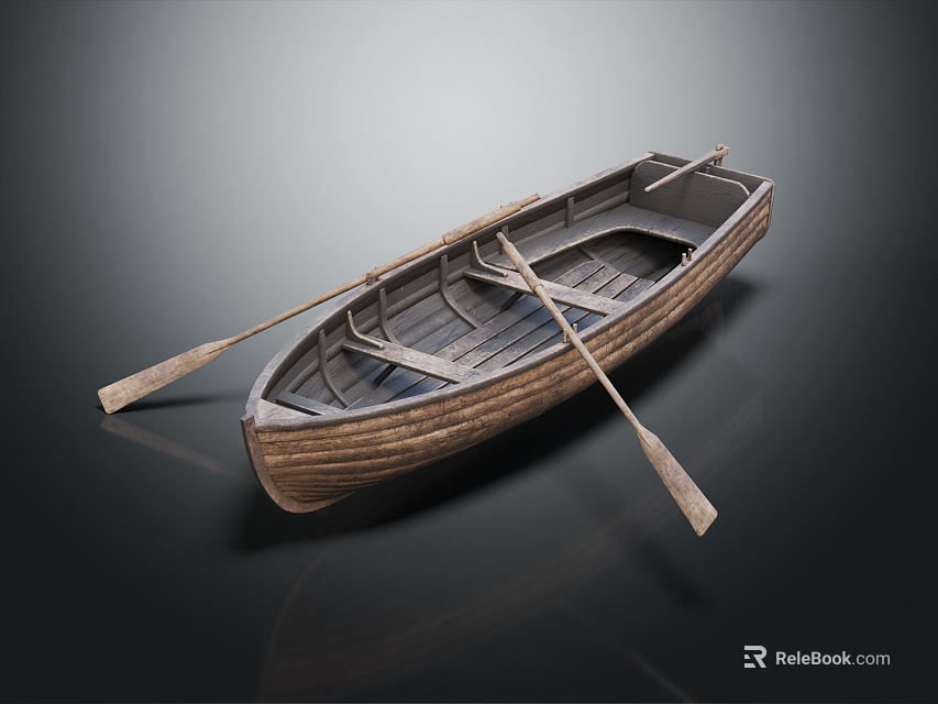 Vintage Wooden Boat With Oars And Wooden Planks On Dark Reflective Background 3d model 