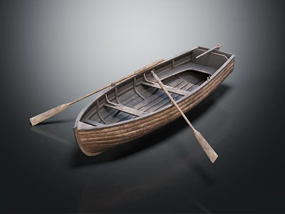 Vintage Wooden Boat With Oars And Wooden Planks On Dark Reflective Background 3d model