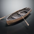 Vintage Wooden Boat With Oars And Wooden Planks On Dark Reflective Background