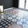 Decorative Floor Tiles With Various Geometric Patterns And Color Combinations In Interior Space Near Window